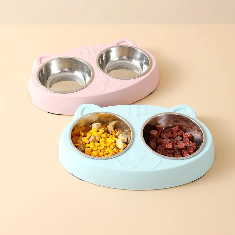 Macaron Double Bowl Pet Feeding Tray Set Accessories