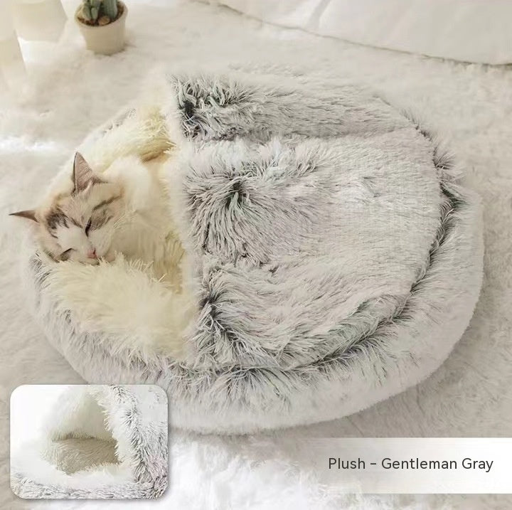 2 In 1 Pet Plush Round Winter Bed House Soft Warm