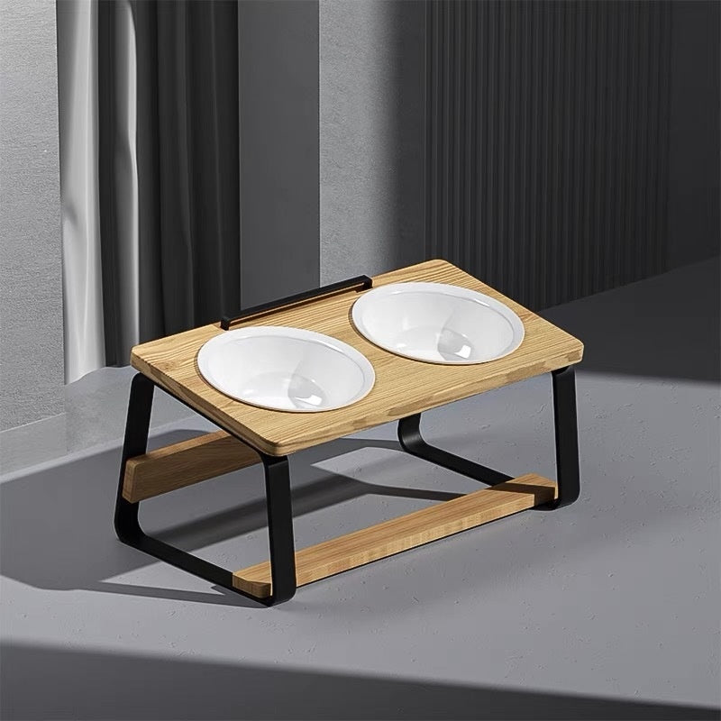 Ceramic Double Bowl Pet Feeding Water Holder Stand