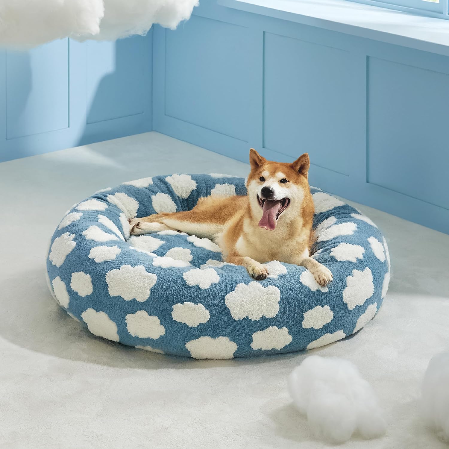Round Donut Pet Bed Calming Plush Anti Slip Base