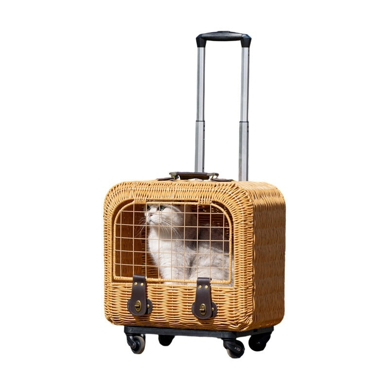 Portable Woven Rattan Pet Carrier With Ventilated Handle For Outings