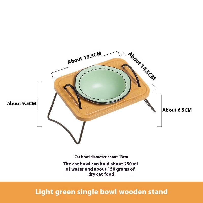 Wooden Rack Ceramic Pet Feeding Bowl Anti Tumble Stand