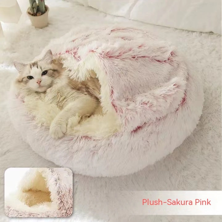 2 In 1 Pet Plush Round Winter Bed House Soft Warm
