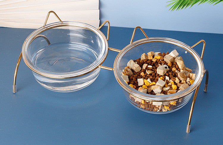Glass Pet Feeding Bowl With Metal Rack Food Water Dish