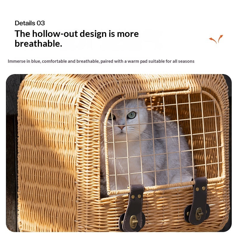 Portable Woven Rattan Pet Carrier With Ventilated Handle For Outings