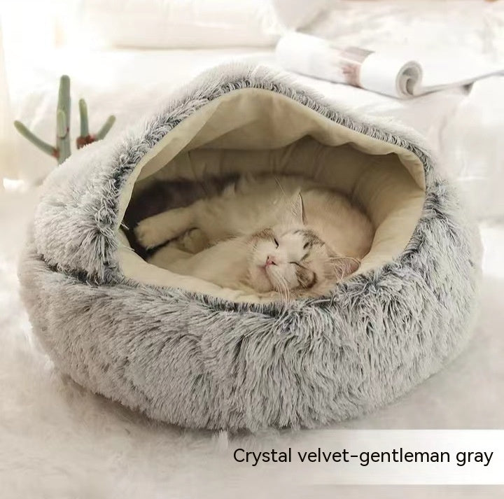 2 In 1 Pet Plush Round Winter Bed House Soft Warm