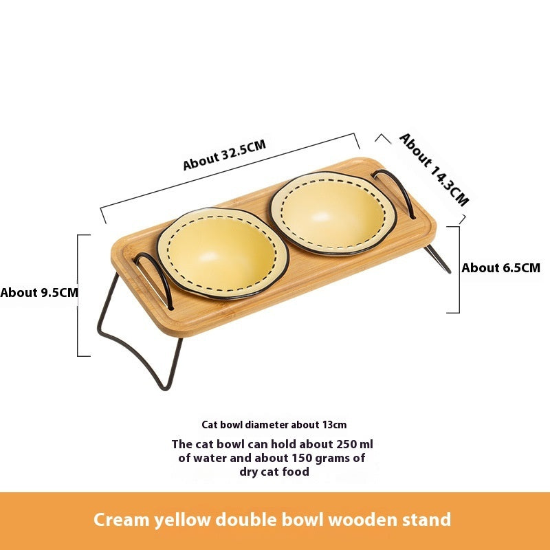 Wooden Rack Ceramic Pet Feeding Bowl Anti Tumble Stand