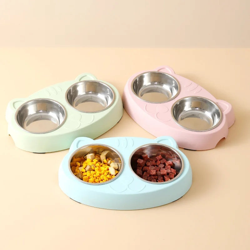 Macaron Double Bowl Pet Feeding Tray Set Accessories