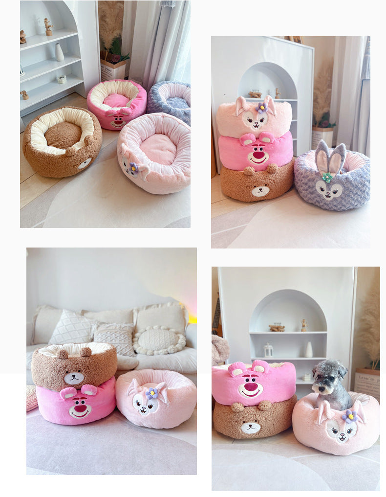 Cartoon Plush Pet Nest Cushion Round Bed All Seasons