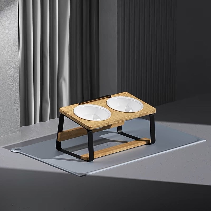 Ceramic Double Bowl Pet Feeding Water Holder Stand