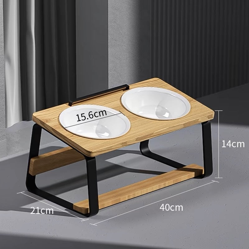 Ceramic Double Bowl Pet Feeding Water Holder Stand