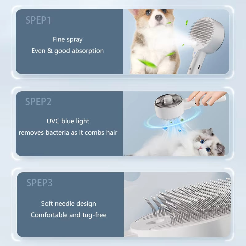 Electric Steam Pet Grooming Brush 3-In-1 Spray Massage Tool