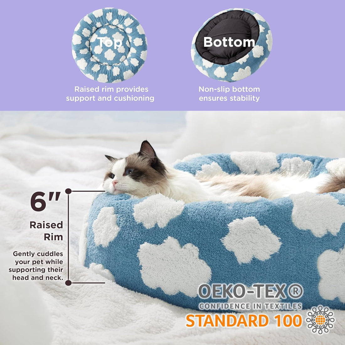 Round Donut Pet Bed Calming Plush Anti Slip Base