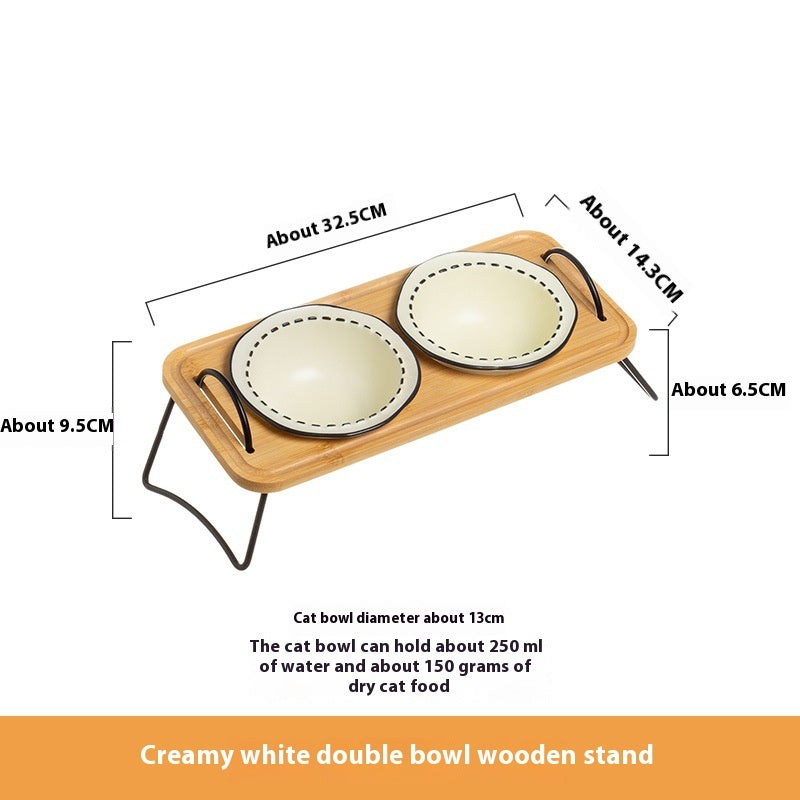Wooden Rack Ceramic Pet Feeding Bowl Anti Tumble Stand