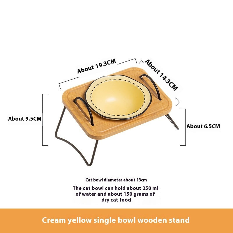 Wooden Rack Ceramic Pet Feeding Bowl Anti Tumble Stand