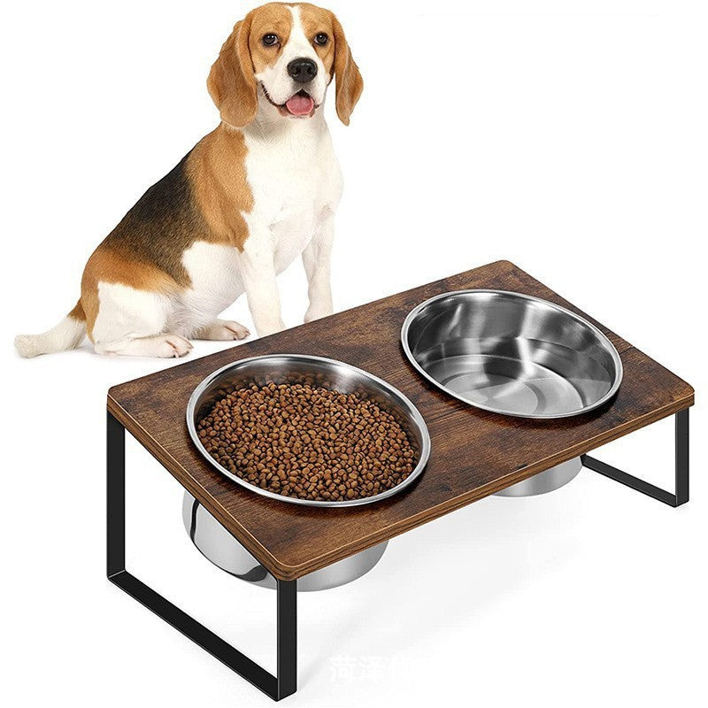 Iron Wood Combined Pet Feeding Bowl Rack Stand