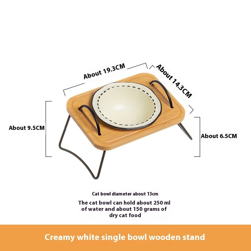 Wooden Rack Ceramic Pet Feeding Bowl Anti Tumble Stand
