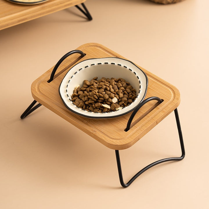 Wooden Rack Ceramic Pet Feeding Bowl Anti Tumble Stand