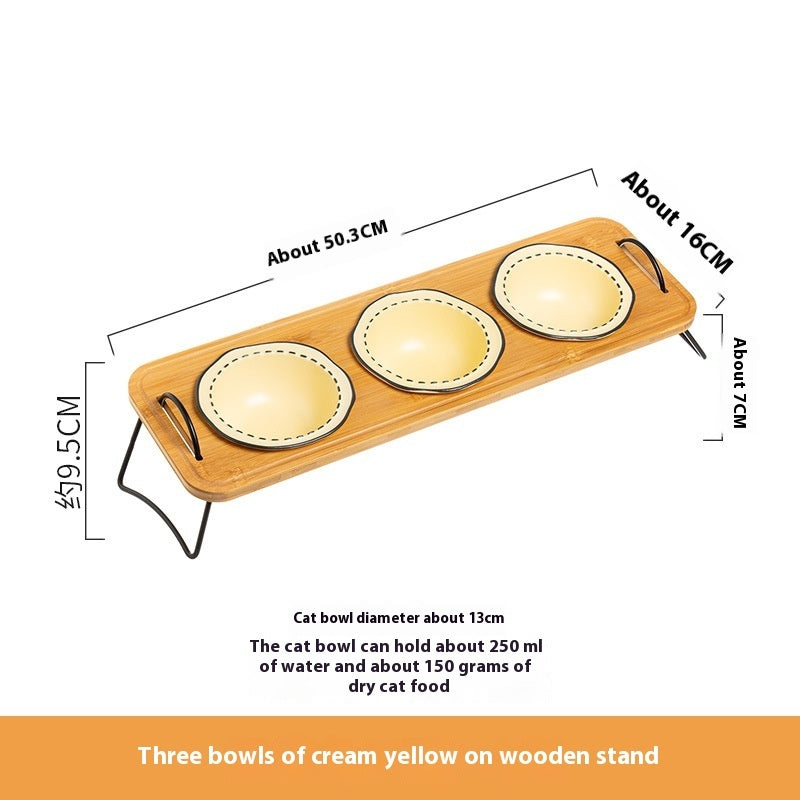 Wooden Rack Ceramic Pet Feeding Bowl Anti Tumble Stand