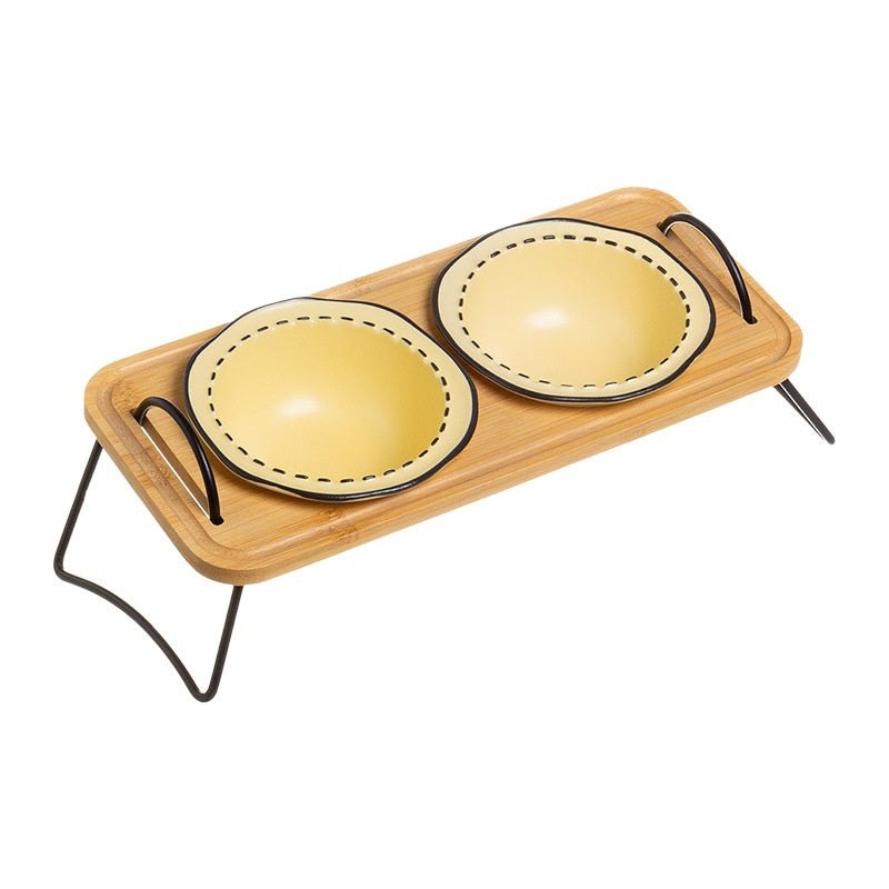 Wooden Rack Ceramic Pet Feeding Bowl Anti Tumble Stand