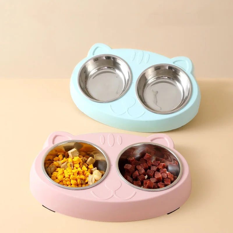 Macaron Double Bowl Pet Feeding Tray Set Accessories
