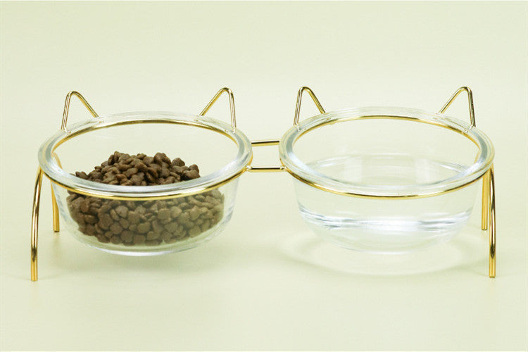 Glass Pet Feeding Bowl With Metal Rack Food Water Dish