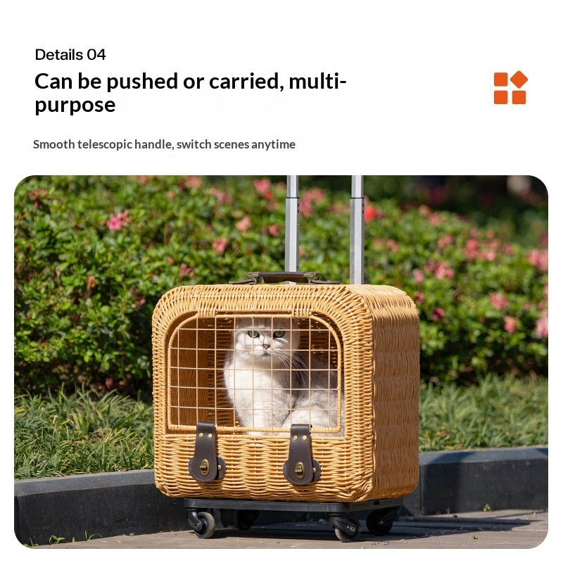 Portable Woven Rattan Pet Carrier With Ventilated Handle For Outings