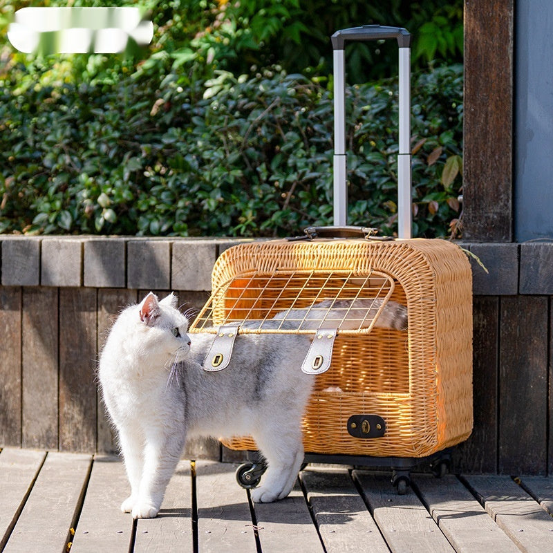 Portable Woven Rattan Pet Carrier With Ventilated Handle For Outings