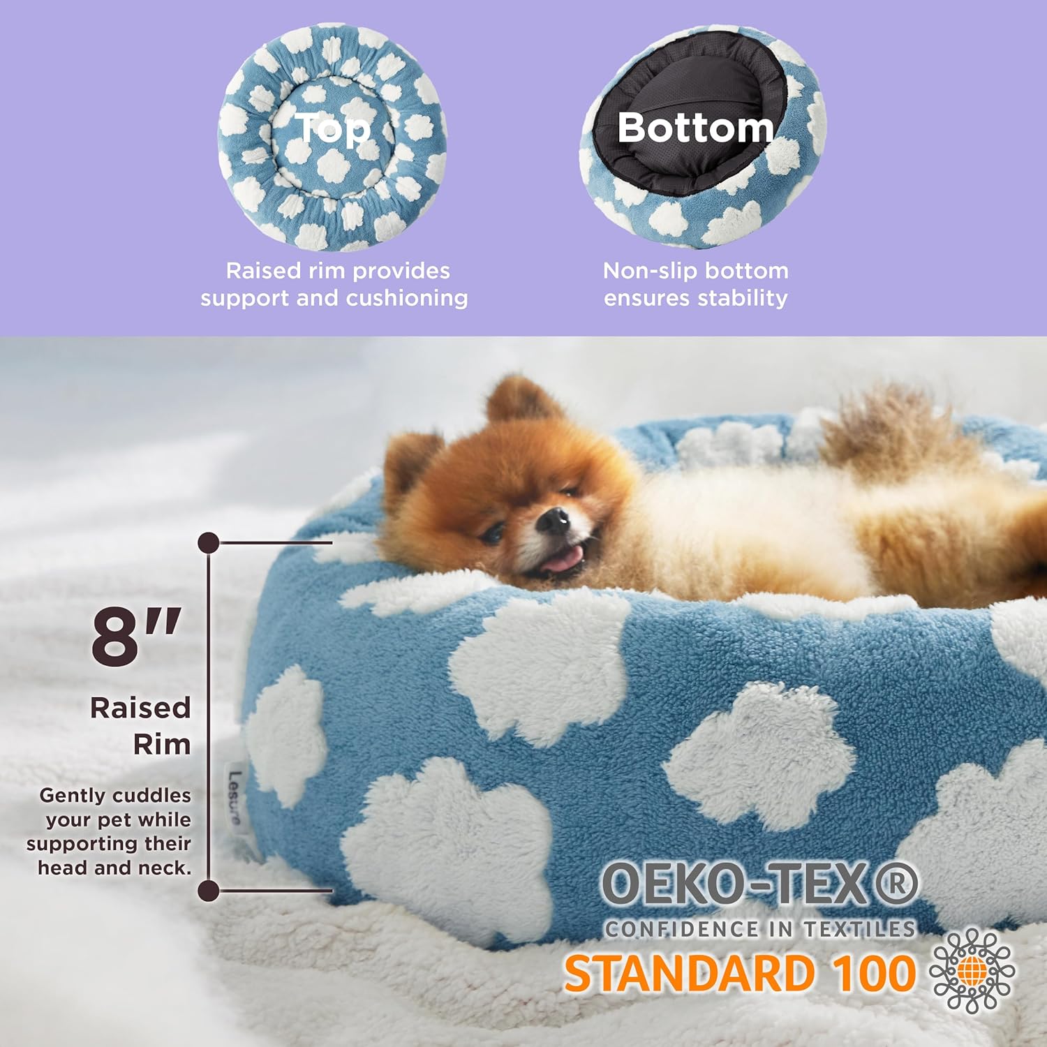 Round Donut Pet Bed Calming Plush Anti Slip Base