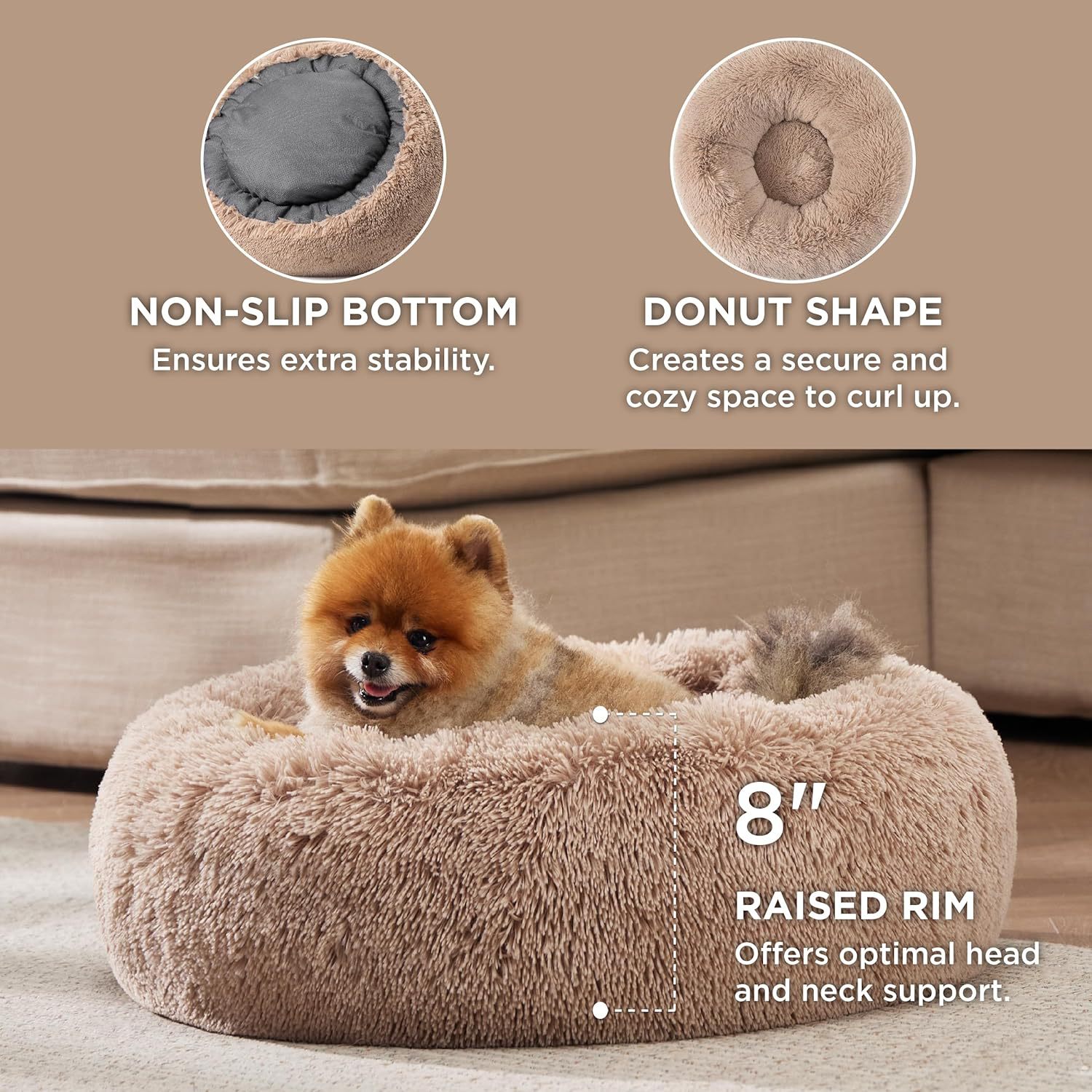 Solid Color Plush Pet Bed Non Slip Round Cushion