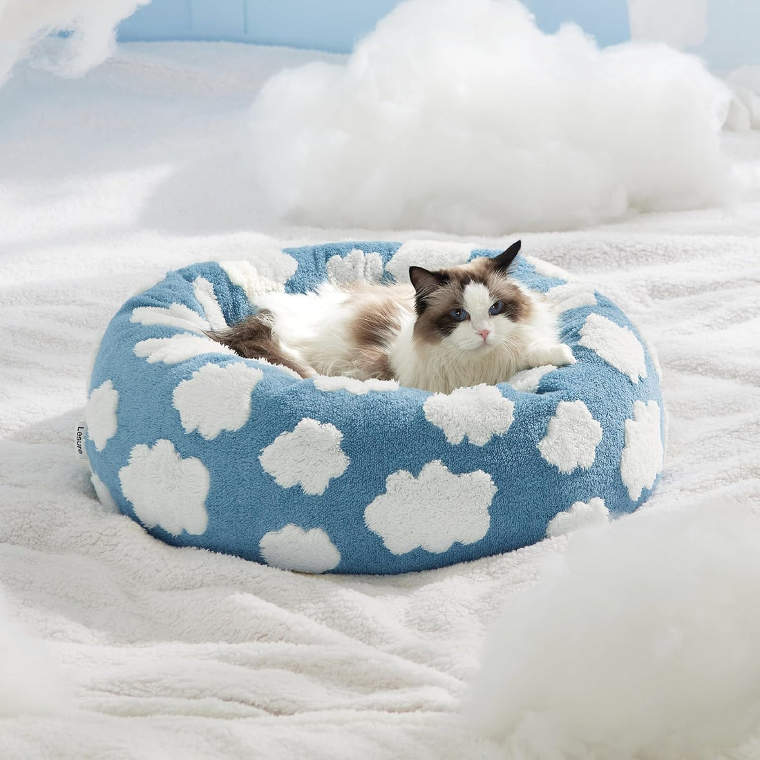 Round Donut Pet Bed Calming Plush Anti Slip Base