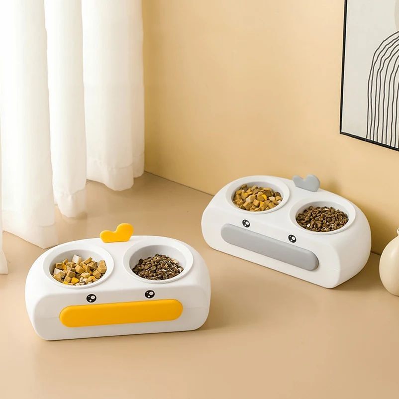 Duck Design Double Bowl Pet Feeding Tray Set