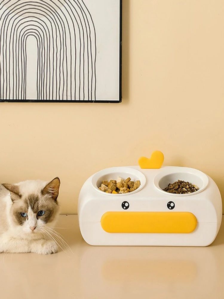 Duck Design Double Bowl Pet Feeding Tray Set