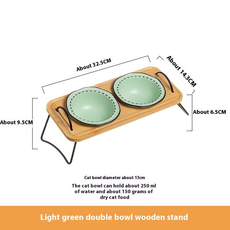 Wooden Rack Ceramic Pet Feeding Bowl Anti Tumble Stand