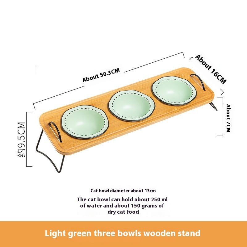 Wooden Rack Ceramic Pet Feeding Bowl Anti Tumble Stand