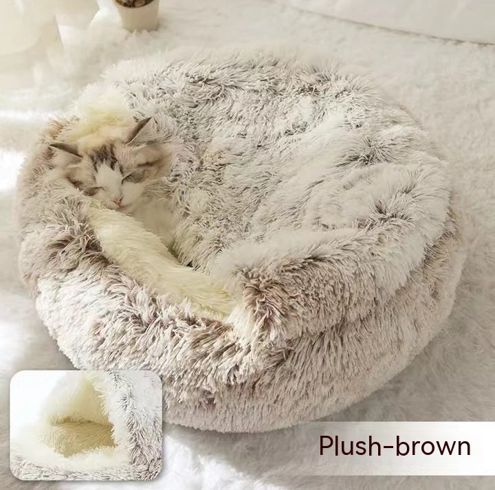 2 In 1 Pet Plush Round Winter Bed House Soft Warm