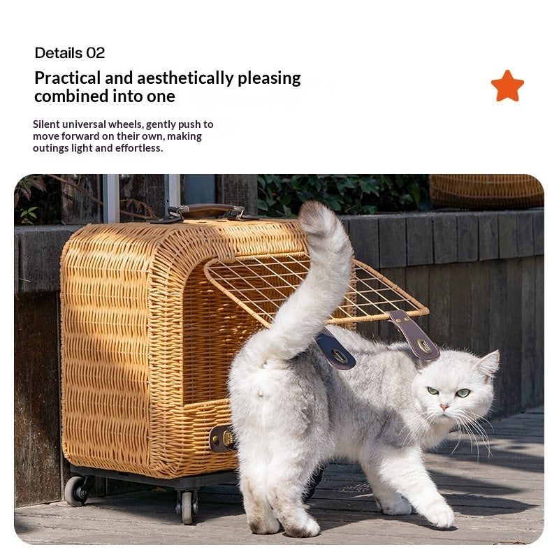 Portable Woven Rattan Pet Carrier With Ventilated Handle For Outings